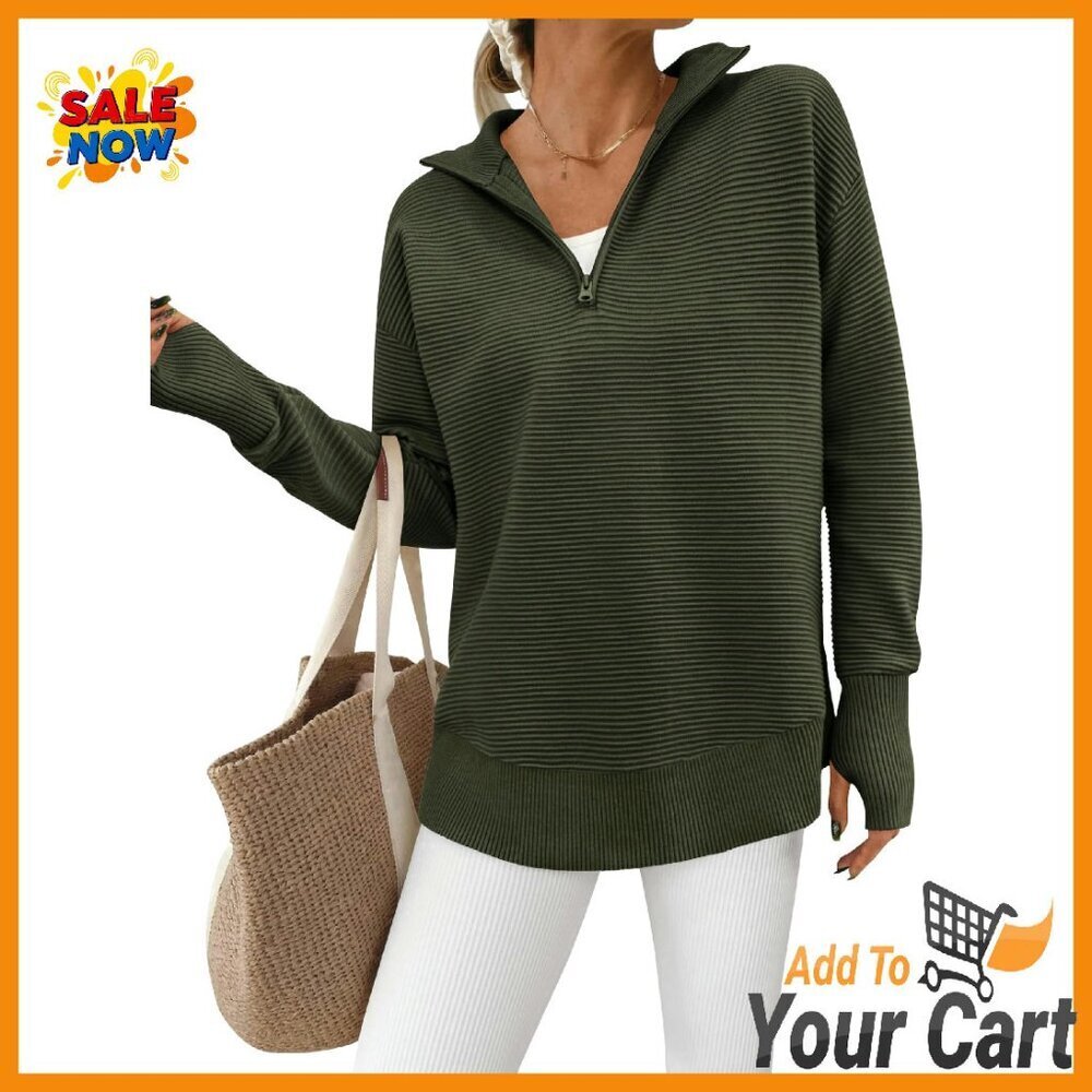 Long Sleeve Quarter Zip Pullover Sweater Ribbed Knit Thumb Hole Loose Fit